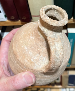 800 BC Ceramic Pitcher from Judea with full body, short neck and handle used to store wine or olive oil