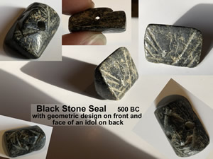 500 BC Seal Black Stone with Geometric Design on Front with Bird Perched in Center