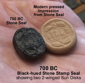 700 BC Seal in Black Hued Stone with 2 Two-Winged Sun Disc Inscribed Image