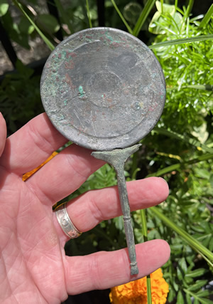 10-250 AD Roman Tinned Bronze Mirror with cast bronze handle, front of mirror  
