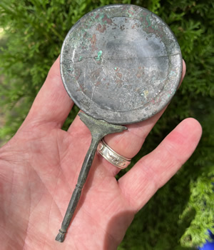 10-250 AD Roman Tinned Bronze Mirror with cast bronze handle, back of mirror  