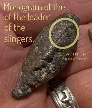 10-90 AD Roman Lead Sling Shots or Ballista found in Israel with Monogram of the leader of the Roman slingers Latin P or Greek RHO