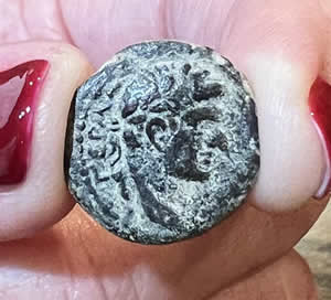 84 AD Agrippa II coin with Domitian and Nike writing on shield