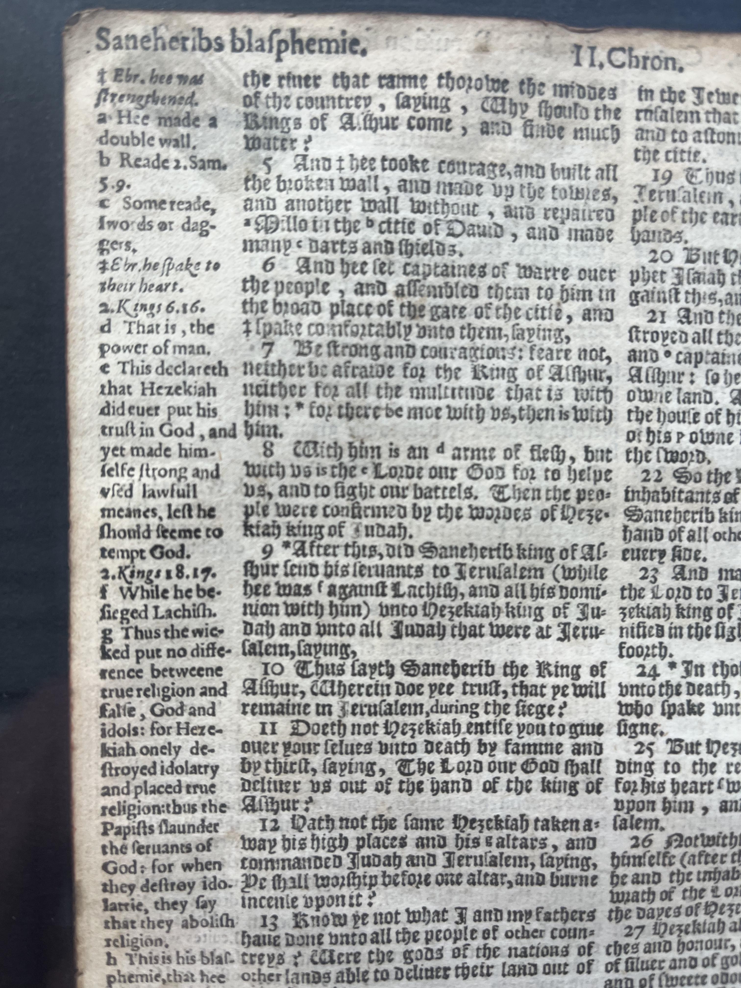1560 AD Geneva Bible 2 Chronicles 32 5 12 margin comments